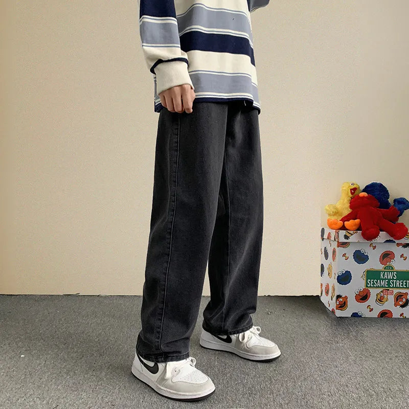 2024 Spring New Streetwear Baggy Jeans Men Korean Fashion Loose Straight Wide Leg Pants Male Brand Clothing Black Light Blue